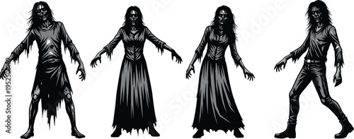 Scary zombie characters collection, undead horror people silhouettes in creepy poses, Halloween monsters, walking dead apocalypse creatures illustration set