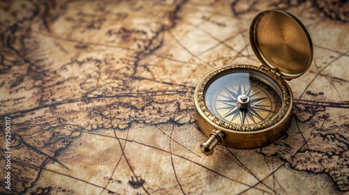 Close up of a vintage brass nautical compass with open lid placed on a weathered antique parchment map representing themes of travel exploration navigation and history
