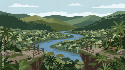 Vector illustration of tourists on a cliff viewpoint admiring a scenic tropical jungle with a winding river, lush palm trees, and green mountains.