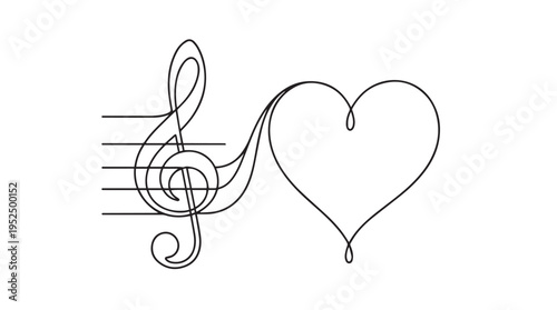 Continuous line art vector illustration of a black treble clef on a five-line staff connected to a heart shape, symbolizing love for music or melody, isolated on a clean white background.