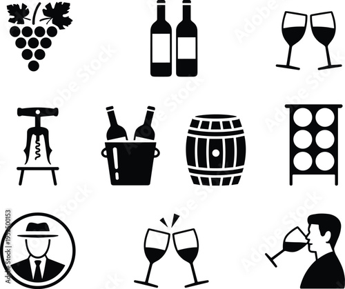 Wine production icons set with grapes bottles glasses corkscrew barrel rack tasting drink vector collection for vineyard winery alcohol beverage concept
