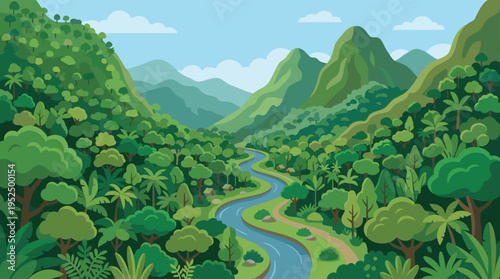 A vector illustration of a peaceful jungle valley with a river winding through lush green mountains and a dense tropical rainforest.