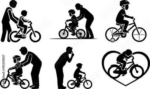 Illustrations of parents teaching their child how to ride a bicycle safely