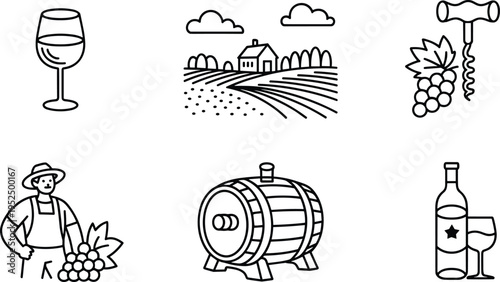 Wine making outline icons set, vineyard landscape grapes corkscrew farmer barrel bottle and glass winery vector illustration collection