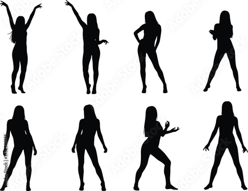 Sexy dancing woman silhouette set, female dance poses collection, fashion model body movement characters isolated vector illustration pack