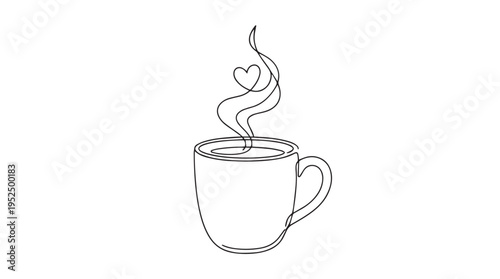 Continuous line art vector illustration of a steaming coffee cup with a heart-shaped wisp, perfect for cafe branding, beverage menus, or romantic morning drink designs.
