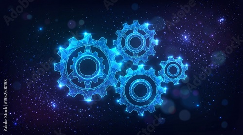 Glowing blue gears in motion against starry night sky background