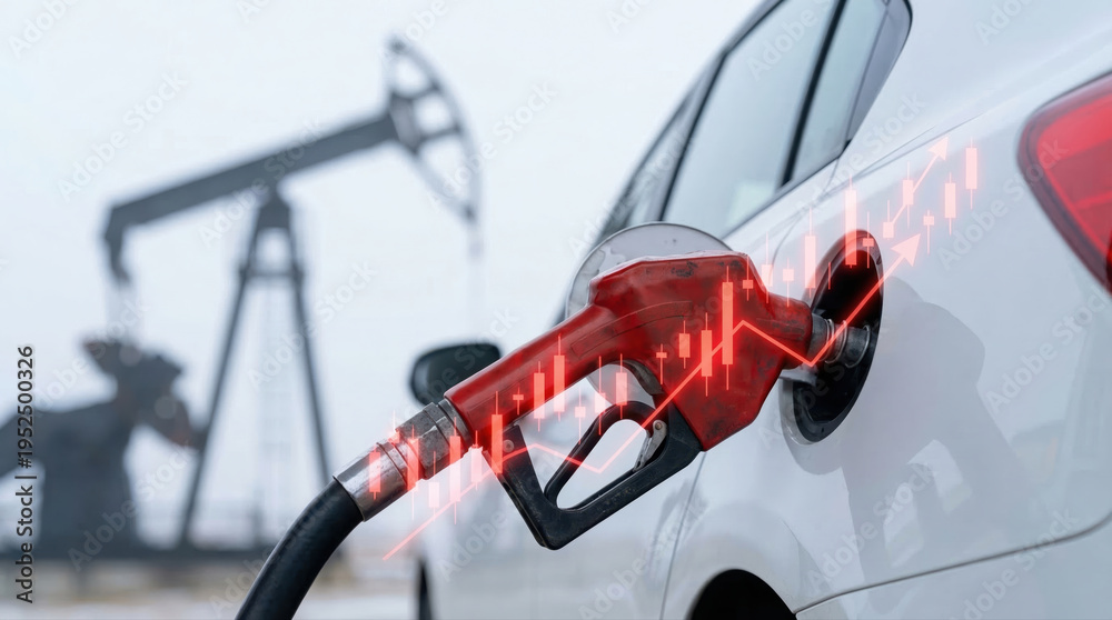Naklejka premium Oil crisis global fuel price graph over car refuel near pump tower tension