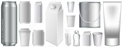 Beverage Packaging Mockup Set, Blank Aluminum Can, Milk Carton, Coffee Cup and Bottle Vector Templates for Branding