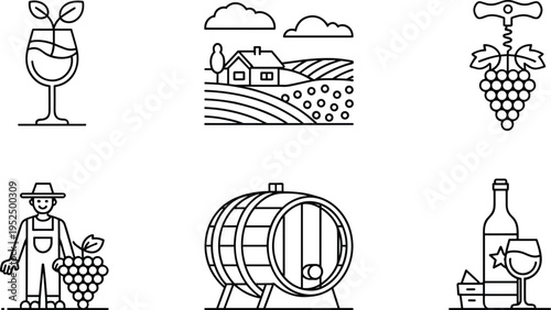 Wine production outline icons set, vineyard landscape grapes corkscrew farmer barrel bottle and glass winery vector collection isolated