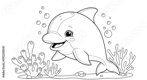 Vector illustration of a smiling dolphin with coral and bubbles