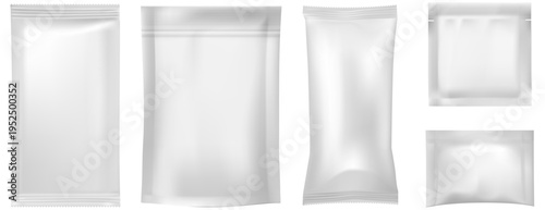 White Sachet and Pouch Packaging Mockup Vector Set, Blank Foil Bag Templates for Cosmetics and Food Products