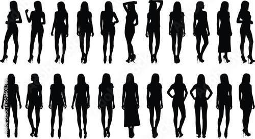 Stylish women silhouettes collection, fashionable female figures standing in different poses, elegant girls in heels isolated vector illustration for fashion design concept