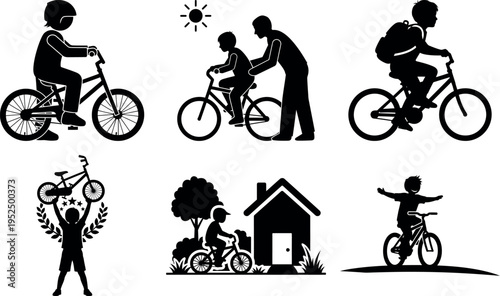 Happy children and adults riding bicycles in fun outdoor activities illustration