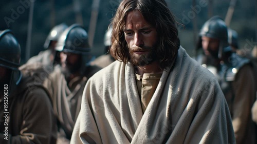 Jesus Christ with a wound on his forehead among Roman soldiers. Emotional portrait representing the passion, suffering and sacrifice during Good Friday event.