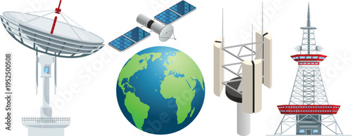 Global Satellite Communication and Telecommunication Network Vector Set with Earth and Antenna Towers