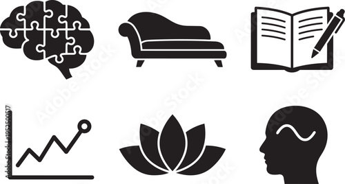 Mental Health and Mindfulness Vector Icon Set: Therapy Couch, Mood Tracker, Lotus Flower, Journaling, and Psychological Wellness Silhouettes