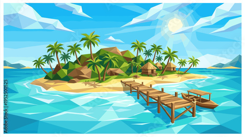 A vibrant, low poly vector illustration of a sunny tropical island paradise with palm trees, huts, a wooden pier, and a boat in a turquoise ocean.