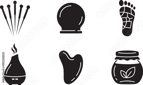 Modern Holistic and Alternative Medicine Vector Icon Set: Acupuncture, Cupping Therapy, Reflexology, Oil Diffuser, Gua Sha, and Herbal Medicine Jars