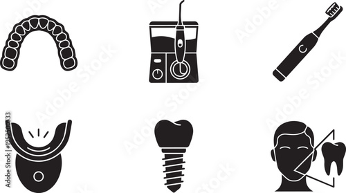 Modern Dental Health Vector Icon Set: Clear Aligners, Water Flosser, Smart Electric Toothbrush, LED Teeth Whitening, Dental Implant, and 3D Scan