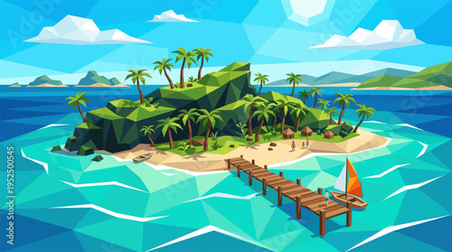 A vector illustration of a low poly tropical island with palm trees and a wooden pier in a turquoise ocean, evoking a sense of peaceful vacation and summer escape.