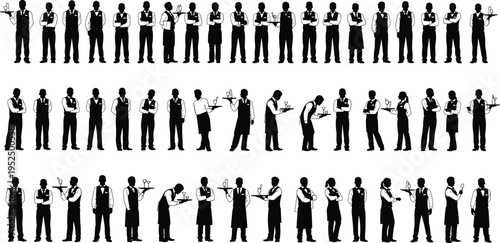 Waiter and waitress silhouettes collection, restaurant service staff poses set, hospitality worker shadow figures isolated catering illustration bundle