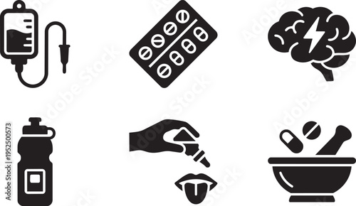 Next-Gen Nutrition and Nootropics Vector Icon Set: IV Drip, Supplement Pack, Brain Nootropic, Smart Bottle, and Tincture Dropper