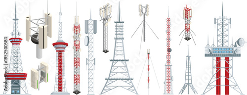 Telecommunication Tower and Mobile Network Antenna Vector Set for Wireless Communication Infrastructure