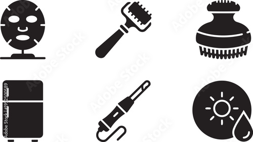 Skincare and Dermatological Tech Vector Icon Set: LED Face Mask, Derma Roller, Facial Cleansing Brush, Skin Wand, and UV Sticker