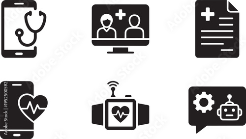 Telehealth and Digital Medicine Vector Silhouette Icon Set: Smartphone Stethoscope, Video Call Doctor, Digital Prescription, Health App, and AI Chatbot