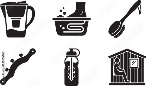 Detox and Lymphatic Health Vector Icon Set: Alkaline Water Pitcher, Ionic Foot Spa, Dry Brush, Lymphatic Paddle, and Infrared Sauna Silhouettes