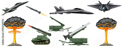 Military Air Strike and Defense Set with Fighter Jets Missile Launchers and Nuclear Explosions