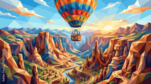 A colorful hot air balloon floats over a majestic canyon at sunrise, illustrated in a vibrant, geometric low poly style, evoking a sense of adventure and travel.