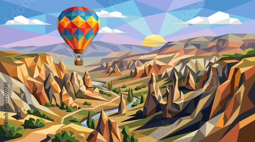 A colorful hot air balloon flies over a geometric low poly canyon valley at sunrise, illustrating concepts of travel, adventure, and exploration.