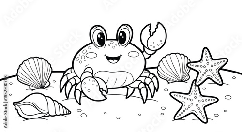 Vector illustration of smiling crab with seashells and starfish