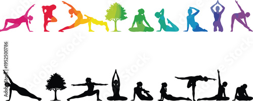 Yoga poses silhouettes collection with colorful gradient figures and tree symbol, meditation and fitness exercise positions isolated illustration set