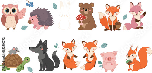 A collection of cute cartoon woodland animals including a bear, fox, owl, hedgehog and squirrel isolated on white background, Vector