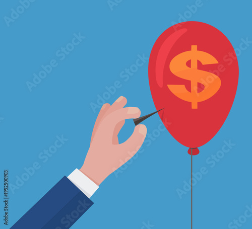 Un ballon dollar attaché avec une ficelle avec une main et une pointe (flat design)