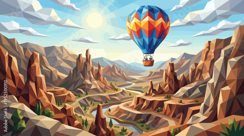 A colorful hot air balloon floats over a majestic, low-poly style canyon under a bright sun, evoking a sense of adventure and freedom.
