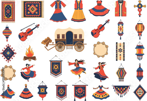 Collection of Traditional Ethnic Cultural Elements and Symbols Clothing, Music, and Decorations