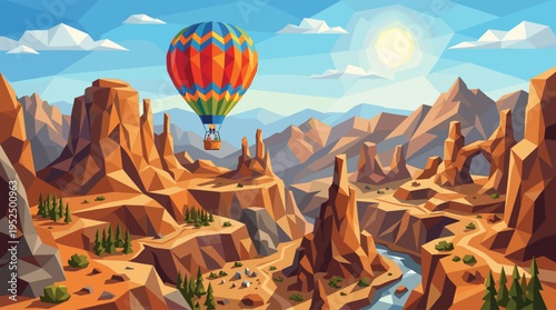 A vibrant, colorful hot air balloon soars over a majestic desert canyon in a modern, low-poly geometric art style, evoking a sense of adventure and travel.