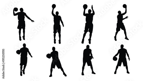 A group of black silhouettes of men playing basketball