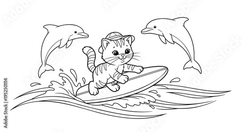 Vector illustration of cat surfing with dolphins
