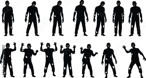 Zombie silhouettes collection with undead monsters raising hands and walking poses, scary Halloween horror characters illustration set