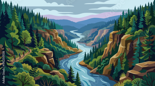A flat vector illustration of hikers with backpacks on a scenic trail overlooking a river flowing through a lush green forest canyon with mountains in the background.