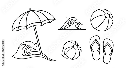 Set of 6 beach icons vector, including umbrella, waves, beach ball, flip flops