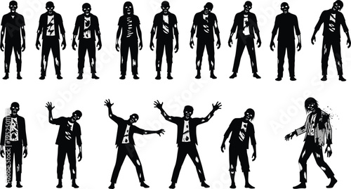 Zombie silhouettes collection with scary undead characters walking and attacking, horror Halloween monsters, creepy apocalypse infected people illustration set