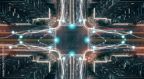 Symmetrical Smart City Intersection with AI Data Overlay, Future Urban Planning Concept
