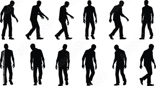 Zombie walking silhouette set, undead human poses collection, horror character movement, scary monster walk cycle, apocalypse creature animation reference isolated vector style