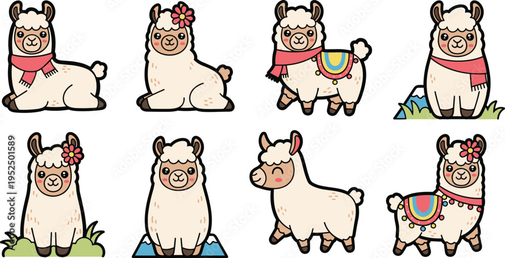 Naklejka premium Cute llama alpaca cartoon collection with scarves flowers and decorations adorable Andean animals vector illustration set